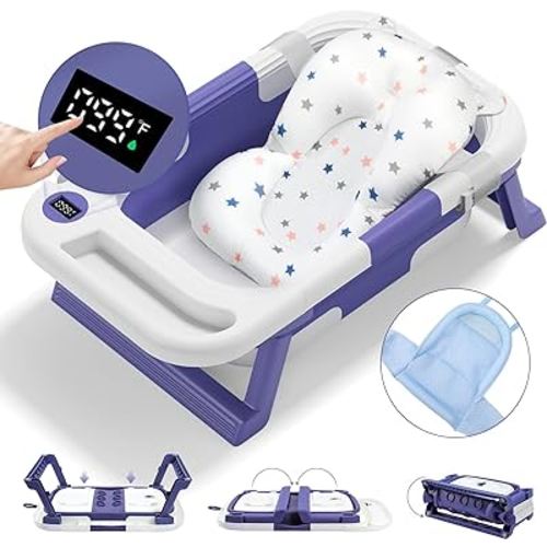 Baby Bathtub for Infants to Toddler, Collapsible Baby Bath Tub, with Thermometer & Soft Floating Cushion & Bath Net, No-Slip Hanging Portable Bathtub