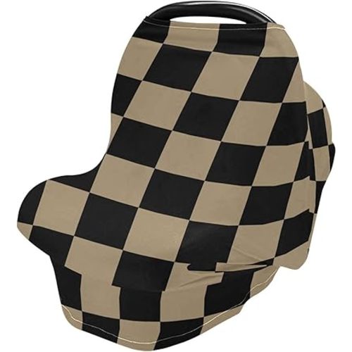Retro Black Checkered Baby Car Seat Covers Geometric Square Plaid Carseat Canopy Soft Infant Stroller Cover Nursing Breastfeeding Covers for Girls Boys Newborn Fit Summer Spring Autumn