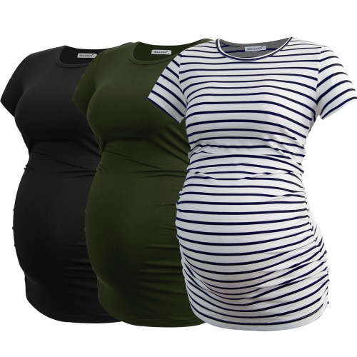 Smallshow Women's Short Sleeve Maternity Shirt Side Ruched Pregnancy Tunic T-Shirt 3-Pack