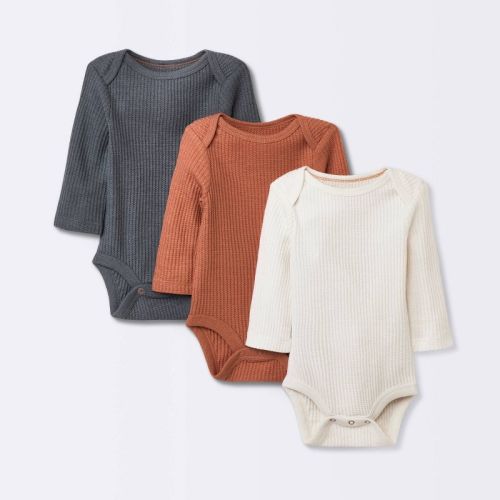 Baby 3pk Waffle Long Sleeve Bodysuit - Cloud Island™ Orange, Size: 3-6M