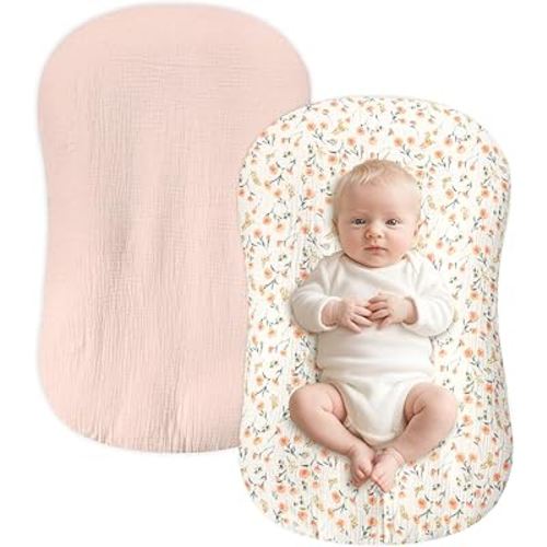 Hooyax Baby Lounger Cover 2 Pack - 100% Muslin Cotton Newborn Lounger Pillow Covers Only, Soft Breathable Infant Lounger Cover with Reinforced Stitching, Fits Most Standard Baby Loungers (Pink Floral)