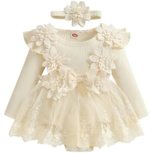 ZAXARRA Infant Baby Girl Romper Dress Baby Dress Romper Flowers Lace Fall Winter Clothes with Headband