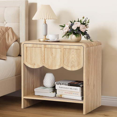 Wirrytor Natural Oak Mid-Century Curved Nightstand with Drawer, Modern Bedside Table with Opening Storage,End Side Table Living Room with Solid Wood Legs for Living Room