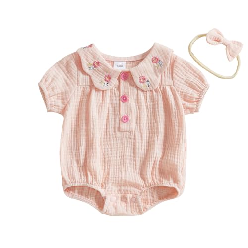 Kodaruber Newborn Baby Girl Summer Clothes Flower Embroidery Doll Collar Short Sleeve Romper with Bow Headband Infant Outfit