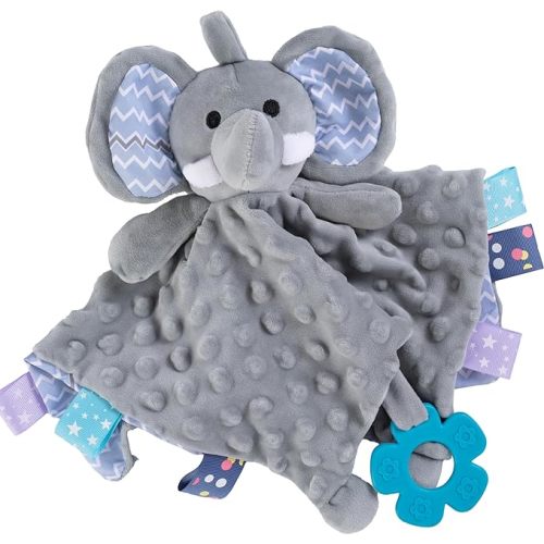 Soothe&Sense Baby Security Blanket with Teether, Rattle, Crinkle Fabrics & Taggies, Soft Sensory Lovey Newborn Essentials Snuggle Stuffed Animal (Grey Elephant)