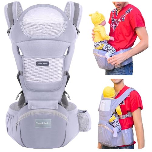 Travel Buddy Baby Carrier | 4-in-1 with Hip Seat and Sling | Adjustable Size for Dad & Mom | Back & Lumbar Support | Ergonomic M Position Develops Healthy HIPS | 3-44lbs Newborn & Toddler Carrier
