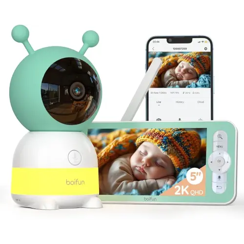 BOIFUN Video Baby Monitor WiFi, 5 Inch 3MP Display & 360° Camera with Night Light, Phone App Control & LCD Monitor, Auto Tracking, AI Motion & Sound Detection, 3000mAh Battery, 2-Way Audio