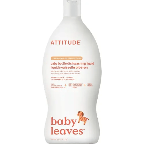 ATTITUDE Baby Dish Soap and Bottle Cleaner, EWG Verified Dishwashing Liquid, No Added Dyes or Fragrances, Tough on Milk Residue and Grease, Vegan, Pear Nectar, 23.7 Fl Oz