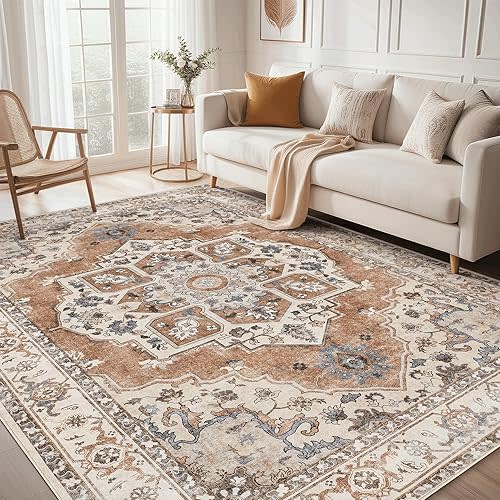 Washable 10x14 Area Rugs for Living Room - Vintage Distressed Floral Neutral Boho Farmhouse Soft Large Rug Indoor Floor No Slip Rug Carpet for Bedroom Dining Room Decor - Brick Red