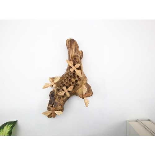 Wooden Bee and Honeycomb Wall Art, Hand Carved Driftwood Decor, Natural Insect Sculpture, Rustic Nature Wall Hanging, Unique Woodland Art