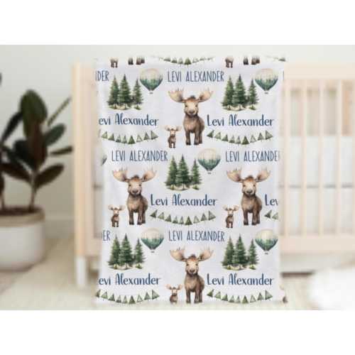 Moose Baby Blanket, Personalized Baby Boy Blanket, Woodland Nursery Boy, Baby Boy Moose Blanket, Moose Swaddle Blanket, Baby Gift for Hunter