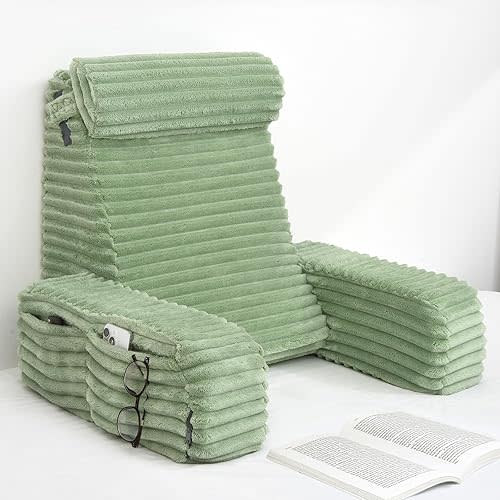 ENITYA 22" XL Reading Pillow with Armrests & Large Pockets, Supportive Back Pillow with Removable Cover, Ideal for Watching TV, Gaming, Resting, Sitting Up in Bedroom, Dorm, Sage Green