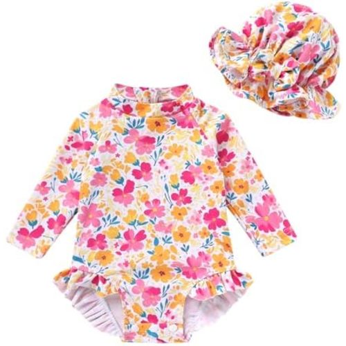 Infant Baby Girl Swimsuit One-Piece Long Sleeve Rash Guard with Hat Set Floral Zipper Bathing Suit Leopard Beach Wear