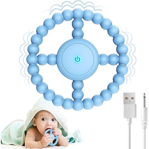 Vibrating Sensory Chew Toy - Dual Effect: Teether Teething Toys for Babies 0 3 6 9 12 18 Months Supporting Autism &Toddler Travel Essentials, 1-2 Year Old Boys Girls Baby Gifts idea(Blue)