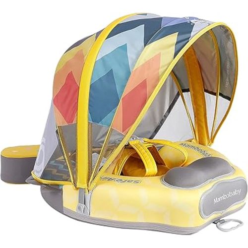 Mambobaby Float Upgrade Add Tail Baby Float with Canopy for Infant Waist Swimming Ring Swim Trainer Non-Inflatable Floats Toys with Adjustable Safety Strap (Yellow - Colorful Fish)