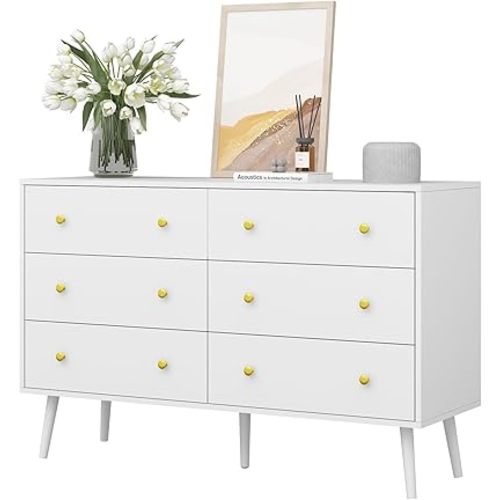 White Dresser for Bedroom, Double Wood Dresser with Gold Handles, 6 Drawer Chest of Drawers for Living Room, Hallway