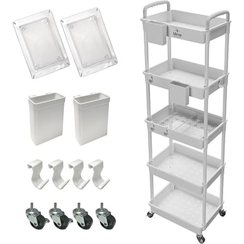 Inspired Living 5-Tier Plastic Rolling Utility Cart with Handle, Lockable Caster Wheels 2 Bins 3 Hanging Baskets & 4 Hooks, Multi-Functional Storage Trolley, for Kitchen, Living Room, Bathroom, White