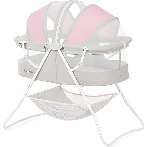 Dream On Me Karley Baby Bassinet in Grey and Pink, Lightweight Portable, Quick Fold and Easy to Carry , Adjustable Double Canopy, Indoor and Outdoor with Large Storage Basket.