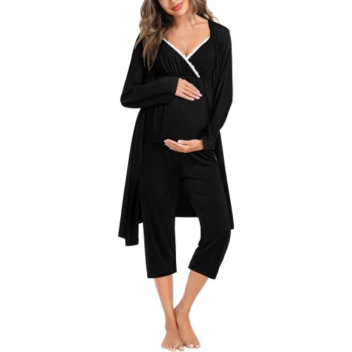 SWOMOG Maternity Nursing Robe Set 3 Piece Breastfeeding Pajamas 3 in 1 Labor Delivery Sleevless Tops&Long Pants Pregnancy Pjs