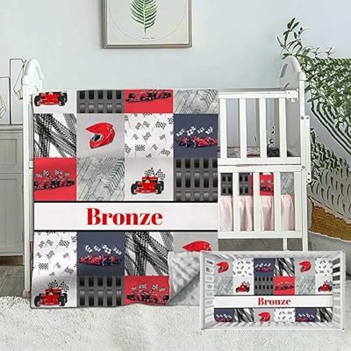 Personalized Baby Boy Race Car Crib Bedding Set – Custom Name 2 Piece Set with Minky Dot Blanket & Fitted Sheet – Soft Nursery Bedding for Newborn, Infant, Toddler