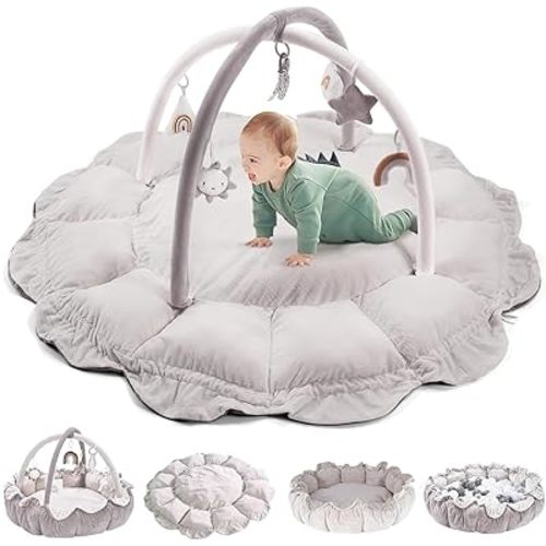 5-in-1 Thick & Plush Play Gym, Convertible Stage-Based Developmental Activity Gym & Play Mat from Baby to Toddler, Ball Pit, Balls are not Included, Grey