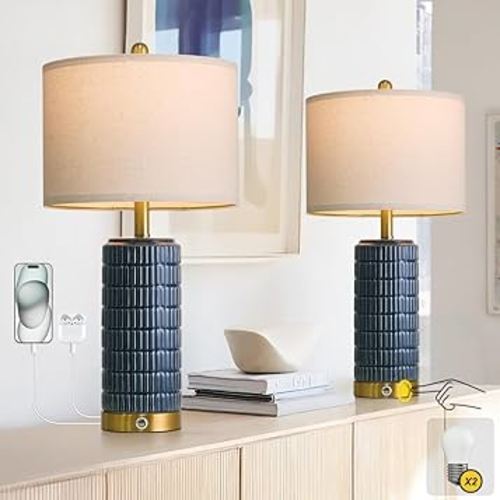 PoKat Touch Bedside Table Lamps with USB Ports for Bedroom, 25'' Dimmable Nightstand Touch Lamps for Living Room, Blue Ceramic Lamps with Gold Base for Night Stands Bedroom, Nursery, Dark Blue