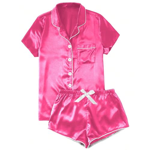 Generic Silk Pajamas for Women Set Button down Short Sleeve Top Shorts 2 Piece Pjs Set Comfy Cute Summer Sleepwear Loungewear