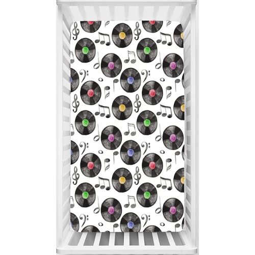 Dear Baby Gear - Deluxe Fitted Baby Crib Sheets with Music Records Print - Soft Cotton Polyester Blend - Standard Size (52 L x 28 W x10 H) inches Mattress Sheets - Machine-Washable for Easy Care