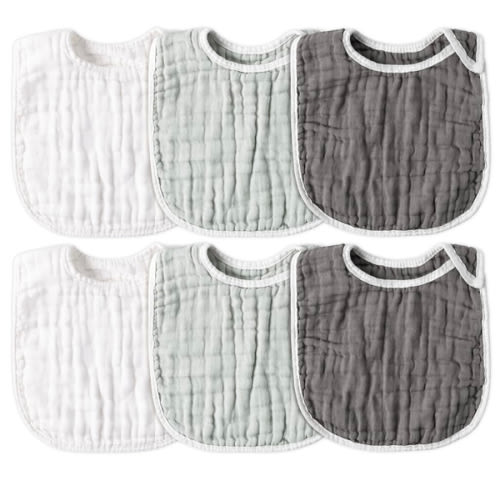 Zainpe 6Pcs Snap Muslin Cotton Baby Bibs White Grey Infants Drooling Bib Soft & Absorbent Adjustable Unisex Burp Cloths Feeding Cloth for Toddlers Girls Boys Newborns Eating Teething 0 to 24 Months