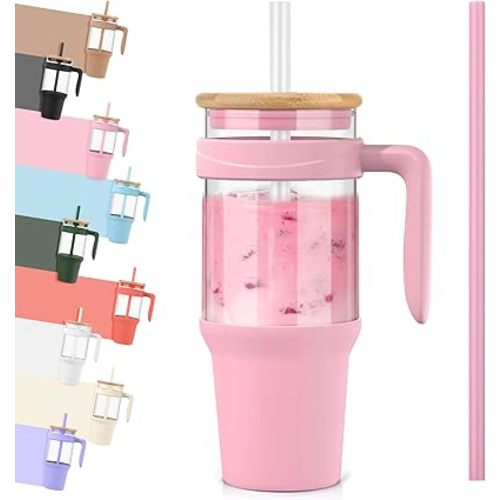 Tronco 40 oz Glass Tumbler with Handle, Reusable Glass Tumbler with Straw and Lid, Iced Coffee Cup with Bamboo Lid, Glass Water Bottles Fit in Cup Holder, Smoothie Cup