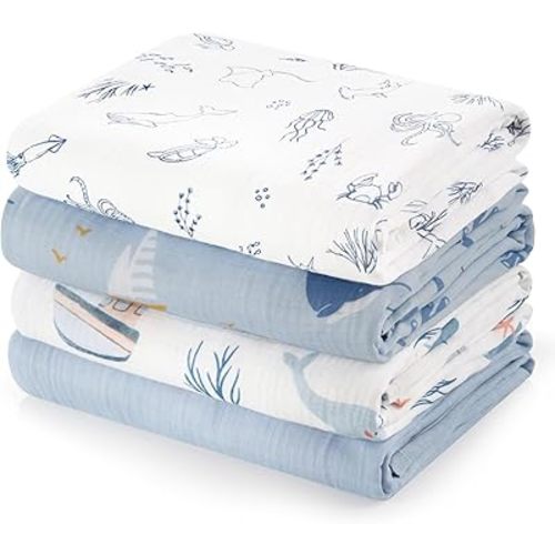 PHF Muslin Swaddle Blankets for Newborn, 4 Pack Organic Soft Breathable Receiving Blankets, Large 47x 47 Inches, Skin-Friendly Muslin Baby Swaddles for Boys, Baby Essentials Shower Gifts, Sea & Whale
