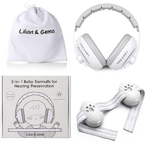 Lilian&Gema 2-in-1 Baby Ear Muffs Noise Protection, Adjustable Headphones with Stretchy Band, Noise Cancelling for Toddler up to 4 Years, Airplane Essentials/Outdoor, White