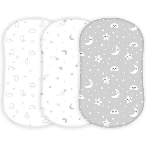TansyPanda Halo Bassinet Sheets for BassiNest Luxe Swivel, Soothing, Swivel, Lite, Essential Sleeper, 3 Pack, 33 X 17 Inch, Ultra Soft, Snug Fit, Unisex Boys Girls, Gray White (Moon, Stars, Clouds)