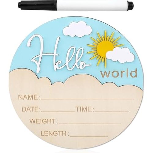 Baby Announcement Sign, 5.9 Inch Cute Sun Style Wooden Hello World Newborn Sign Baby Name Plaque for Nursery Hospital Photo Prop Home Decoration (White)