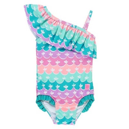 RuffleButts Girls One Shoulder Ruffle One Piece, Color: Mermaid, Size: 3-6 months