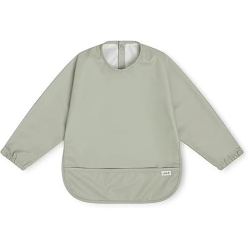 Lalo Smock Bib - Long Sleeve Baby Bib, Elastic Cuffs for Comfort, Large Catch-All Pocket, Waterproof Recycled Polyester - Durable Baby Smock Bib for Mealtime & Playtime - Ages 6-24 Mo. - Sage