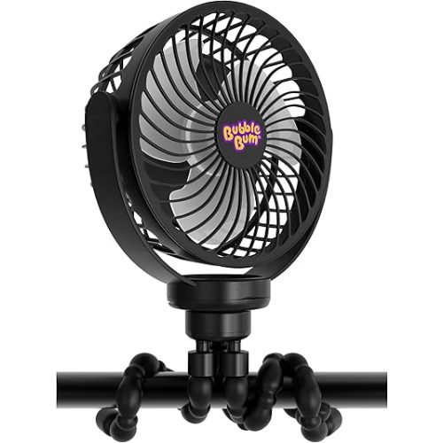 bubblebum Portable Fan, Rechargeable Travel Fan, Clip on Baby Stroller Fan for Bed, Car, Treadmill and Bike, Mini Portable Fan with 3 Speed and LED Light Settings plus 360° Rotation – Black
