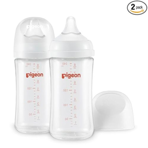 Pigeon Glass Nursing Bottle Wide Neck, Anti-Colic, Streamlined Body, Natural Feel, Easy to Clean, Heat-Resistant, 8.1 Oz (Pack of 2), Includes 2pcs M Nipples (3m+)