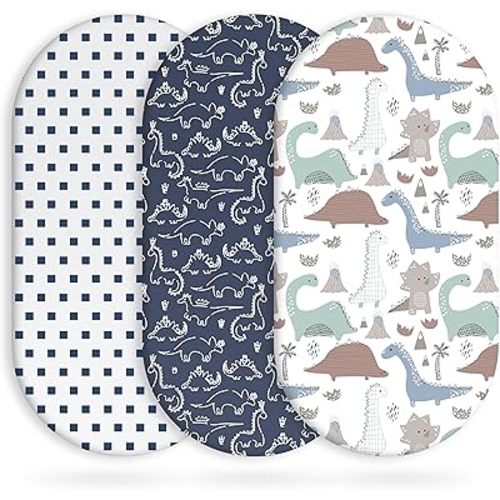 Yoofoss Bassinet Sheets Baby Girl Boy, Fitted Bassinet Sheet Set 3 Pack Universal Fit for Cradle Moses Basket Oval Rectangle Round Hourglass Mattress,Soft Breathable (Dark Blue+Dinosaurs)