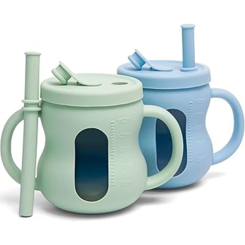 100% Silicone Baby Training Cup 2PCS See-through Toddler 5OZ Straw Drinking Cups for Infants 6 Months+ (Green and Blue)