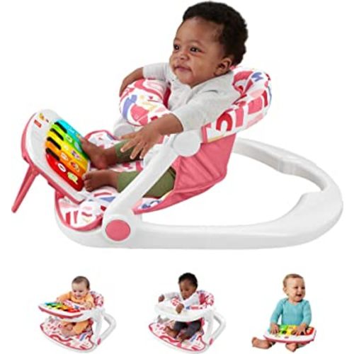 Fisher-Price Portable Baby Chair Kick & Play Deluxe Sit-Me-Up Seat with Piano Learning Toy and Snack Tray for Infants to Toddlers, Pink