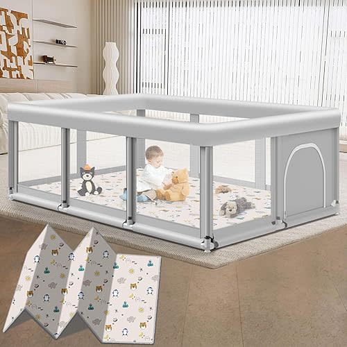 Large Baby Playpen with Mat, 74" ×50", Large Play Yards Indoor & Outdoor, Sturdy Safety Baby Play Pen with Soft Breathable Mesh, Toddlers Play Pen with Anti-Slip Base, Mat Included