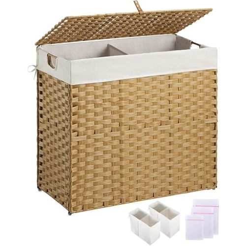 Greenstell Laundry Hamper with lid, No Install Needed, 130L Wicker Laundry Baskets Foldable 2 Removable Liner Bags, 2 Section Clothes Hamper Handwoven Rattan Laundry Basket with Handles, Natural