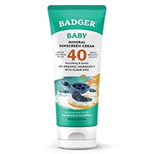 Badger Baby Sunscreen Cream SPF 40, Organic Mineral Sunscreen for Babies with Zinc Oxide, Travel Size, Broad Spectrum, Reef Safe, Water Resistant, Pediatrician Tested for Sensitive Skin, 2.9 fl oz
