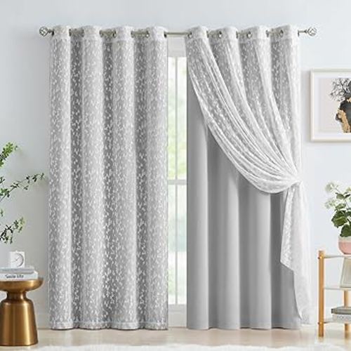 Jubilantex Grey Blackout Mix Matched Curtains Leaf Sheer Lace & Full Blackout Curtains 84 Inch Long Room Darkening Window Curtain Set for Bedroom Grommet Top