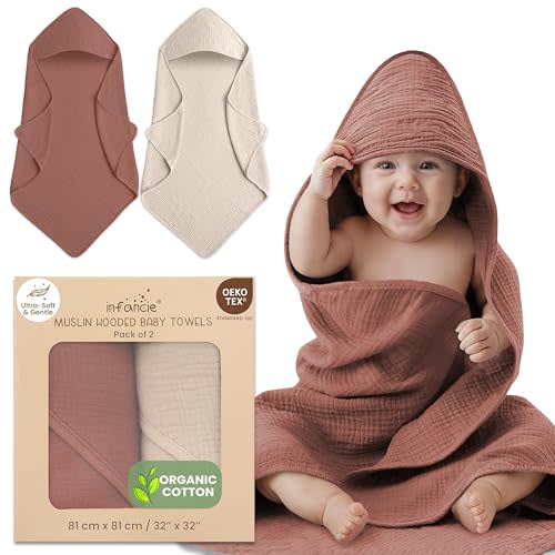 infancie 100% Organic Cotton Muslin Baby Hooded Towels 32x32 Inch – 2 Pack Soft & Absorbent Newborn Bath Towels for Boys & Girls, Premium Hooded Towels, Ultra-Gentle Baby Essentials in Rust/Ivory