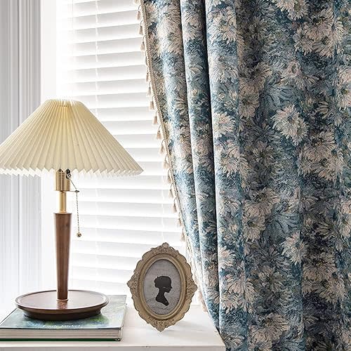 ENJOYBRIDAL Blue Floral Curtains 96 Inch Length 2 Panels Farmhouse Semi Sheer Drapes for Living Room Bohemian Rustic Rod Pocket Window Curtain Panels with Tassel Jacquard Bedroom Window Treatments