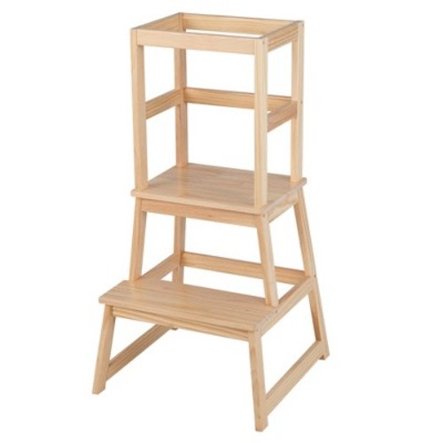 Costway Kids Kitchen Step Stool Kids Standing Tower with Safety Rails White\Nature, Color: Natural
