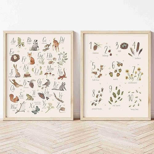 Alphabet Numbers Nursery Poster Print Animal Child Wall Art Nordic Canvas Painting Woodland Picture Kids Baby Room Home Decor 40x60cmx2 Unframed.
