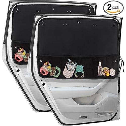 Car Sun Shade Side Window, 2 Pcs Blackout Car Window Shade for Baby Privacy with Storage Net Pockets Car Curtains 7 Suction Cups for Heat/UV Protection Sun Block Covers